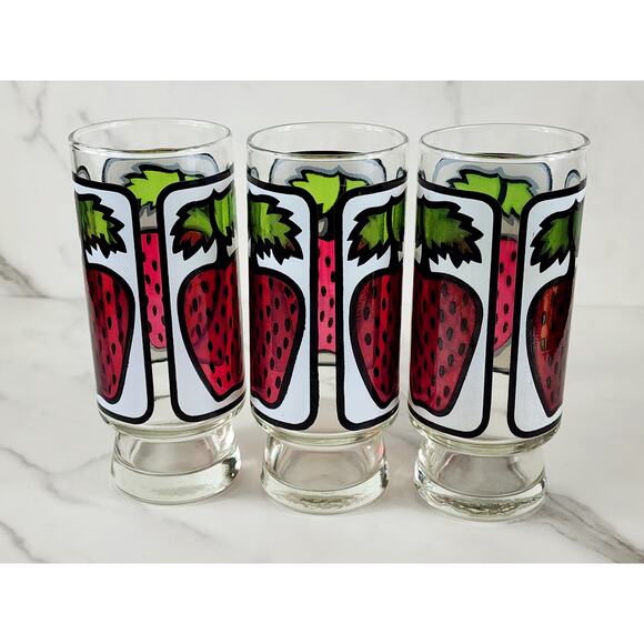 Libbey Strawberry Pedestal Tumbler Glass 16oz Retro 80's 6 1/2" x3 Vintage - Picture 5 of 13